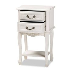 a white nightstand table with two drawers on one side and an open drawer on the other