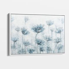 an abstract painting with blue flowers on a white background canvas wall art print, ready to hang