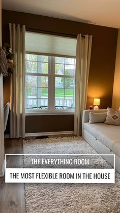 Photo of our everything room with a couch, lamp and window Office Guest Room Combo Ideas, Multi Purpose Home Office, Bedroom And Office Combo Ideas, Multipurpose Guest Room, School In The Fall, Guest Bedroom Bedding