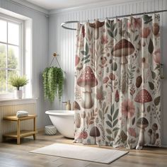 a bathroom with a bathtub, rug and shower curtain