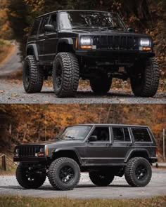 two pictures of the same jeep with different tires and suspensions, one is black