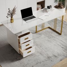 a white desk with a laptop on it in front of a rug and potted plants