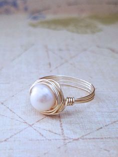 Freshwater Pearl Ring - Made to order - Summer Indigo Pearl And Wire Jewelry, Wire Pearl Ring, Wire Wrapped Pearl Wedding Ring, White Wire Wrapped Pearl Ring For Wedding, Diy Pearl Rings, Handmade Wire Rings, Wire Wrapped Jewelry Rings, Handmade Rings Wire, Indigo Jewelry