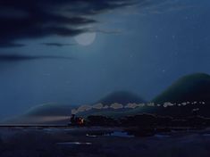 an animated scene of a train traveling through the night sky with mountains in the background