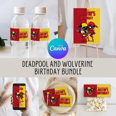 the deadpool and wolverine birthday bundle includes water bottles, candy bar wrappers, popcorn