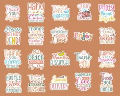 some stickers that say thank you are happy and have different words on them,