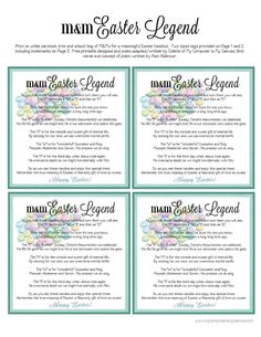 four easter egg hunt cards with the words man, easter legend and an image of eggs