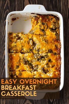 an easy overnight breakfast casserole in a white dish on a wooden table with text overlay