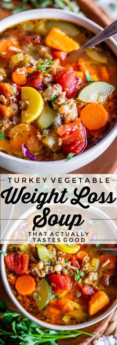 two bowls filled with vegetable soup on top of a table