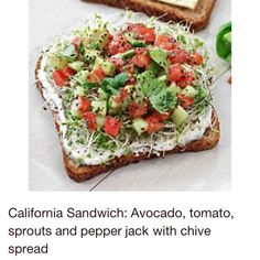 two pieces of bread with various toppings on them and the words california sandwich avocado tomato sprouts and pepper jack with chive spread