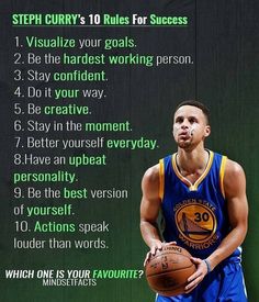 a man holding a basketball in front of a green background with the words stephen curry's 10 rules for success