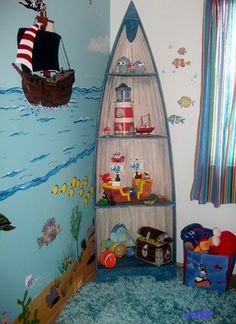 a child's room with a boat on the wall