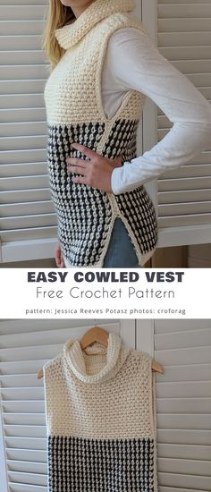 a woman wearing a knitted vest with the text easy cowled vest free crochet pattern