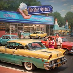 two people are standing in front of an old car at a dairy queen store with cars parked outside