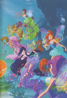 the little mermaids are all dressed up in their costumes and holding musical instruments, as well as some other characters