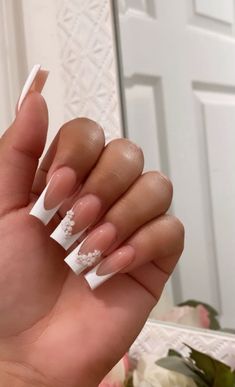 White Nails With Designs Coffin Medium, Basic Quince Nails, Med Nails Designs, Coffin Pink Nail Ideas, Pretty Coffin Acrylic Nails, Squared French Tip Nails With Design, Frenchies Nails Medium, French Tip Nails With Flower Charms, White French Tips Medium Length