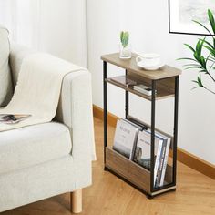 With modern yet classic design blending with your existing home style, this narrow end table can be used as an end table beside your sofa or a simple storage cabinet, a nightstand, a side table, a reading table, a corner table, a tea table, a snack table, a decorative displays table or a laptop workstation, suitable for bathroom, hallway, living room, bedroom, office and more. Latitude Run® Color: Oak | Latitude Run® Vintage Narrow Side Table w / Storage Shelf black / brownWood / Metal in Oak |… Narrow End Table, Modern Sofa Table, Sofa End Table, Small Nightstand, Narrow Side Table, Reading Table, Small Bedside Table, End Table With Storage, Snack Table