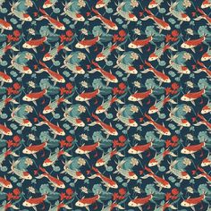 an abstract pattern with red and blue flowers on a dark green background stock photo - 1307892