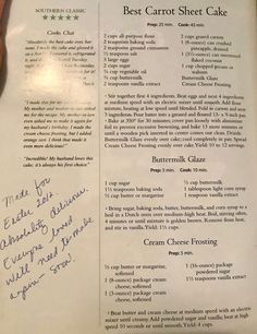 the menu for best carrot sheet cake is shown in this hand - written recipe book