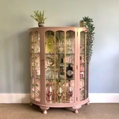 a pink cabinet with glass doors and plants on top