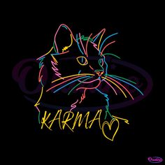 a black cat with the word karma on it's face in neon colored lights