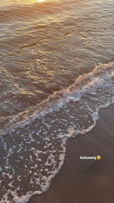 the sun is setting over the ocean and waves are rolling in on the beach shore