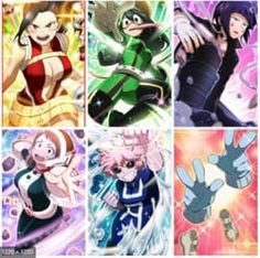 four different anime characters with their arms in the air