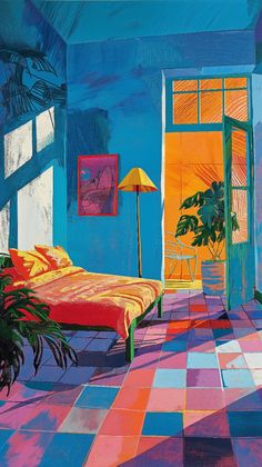 a painting of a bedroom with colorful walls and floor tiles on the floor is shown