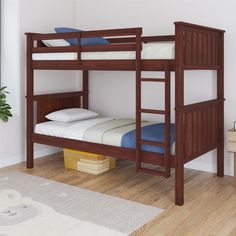 a wooden bunk bed sitting on top of a hard wood floor next to a white wall