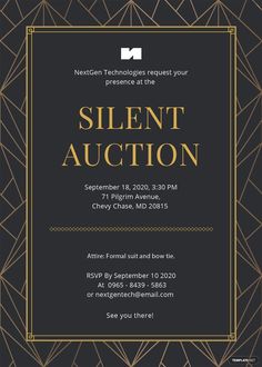 a black and gold event flyer with the words silent auction written in gold on it