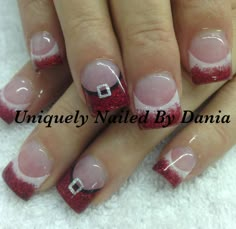 French Christmas Nail Designs, Christmas French Tip Nail Designs, Santa Belt Nails, Christmas Nails French Tips, French Tip Christmas Nail Ideas, Christmas French Manicure, Christmas French Tip Nails, Christmas French Tips, Santa Claus Nails