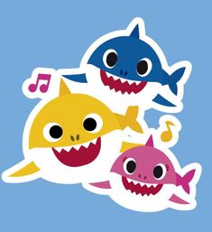 three cartoon shark stickers with music notes in the mouth and two sharks on their backs