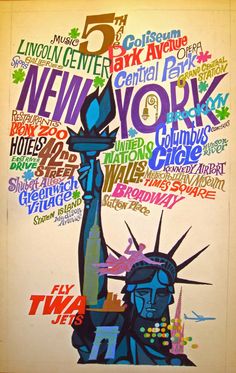 a painting of the statue of liberty in new york city, with words written all over it