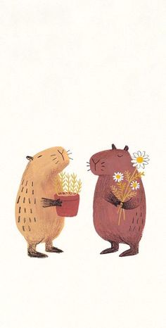 two brown bears holding flowers in their hands