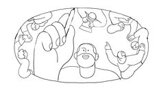 a black and white drawing of people sitting at a table with their hands in the air