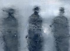 an abstract painting of three people standing next to each other in front of a gray background