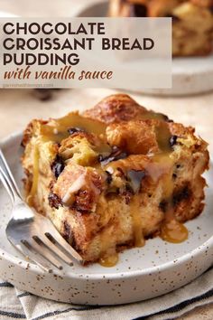 chocolate croissant bread pudding with vanilla sauce on a white plate next to a fork