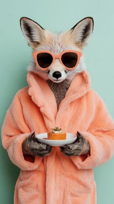 a fox in a pink coat and sunglasses is holding a plate with food on it