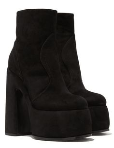 Casadei Rock Suede Platform Boot in black. All Sale Merchandise is FINAL SALE. 70's contemporary aesthetic. Black suede. Round toe. Ankle boot. Side zip closure. Heel: 160 mm / 6.3 in. Concealed platfrom: 60 mm / 2.3 in. Made in Italy. Luxury Suede Platform Boots With Reinforced Heel, Great Neck New York, Hello Lover, Aesthetic Black, Contemporary Aesthetic, Platform Boots, How To Be Outgoing, Black Suede, Side Zip