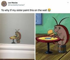 two pictures with cartoon characters on them, one is eating food and the other has an ant