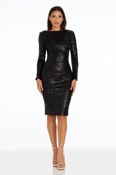 Emery Sequin Dress Glamorous Formal Midi Dress With Contrast Sequin, Evening Midi Dress With Contrast Sequin, Fall Sheath Long Sleeve Dress For Party, Fall Party Long Sleeve Sheath Dress, Sequin Sheath Bodycon Dress For Party Season, Elegant Contrast Sequin Midi Dress, Holiday Evening Bodycon Dress With Contrast Sequin, Elegant Contrast Sequin Midi Dress For Night Out, Elegant Knee-length Sequin Dress With Contrast Sequins