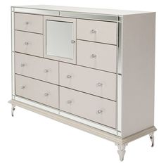 a white dresser with mirrored doors and drawers on it's sides, in front of a white background