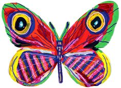 a colorful butterfly painted in bright colors on a white background with the wings folded down