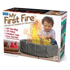 an advertisement for the first fire toy is shown in front of a box with instructions on how to use it