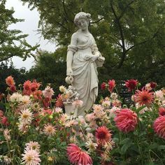 there is a statue in the middle of a garden with pink and white flowers around it