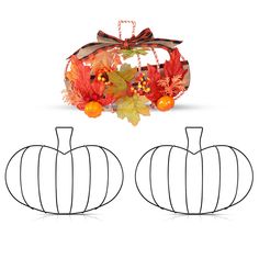 two pumpkins with leaves and candy on them are shown in front of a white background