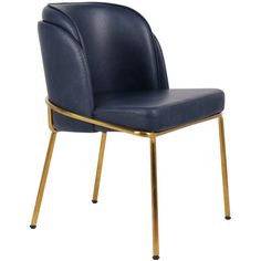 a blue leather chair with gold legs