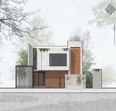 an architectural rendering of a modern house in the middle of a park with trees and bushes