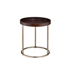 the side table is made from metal and wood with a round wooden tray on top