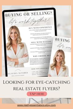 the real estate flyer is shown with an image of a woman in business attire and text that